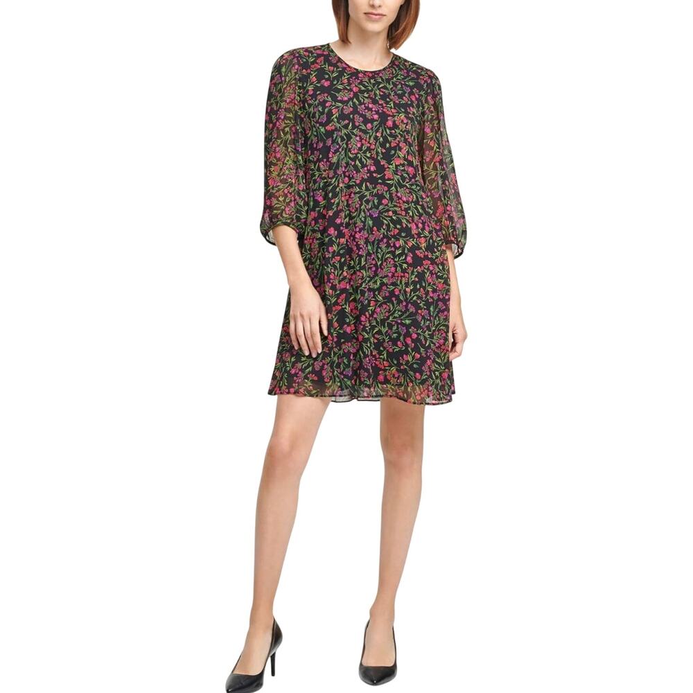 Calvin Klein Floral Chiffon Shift Mini Dress Flowy Sheer Balloon‎ Sleeves Size 2